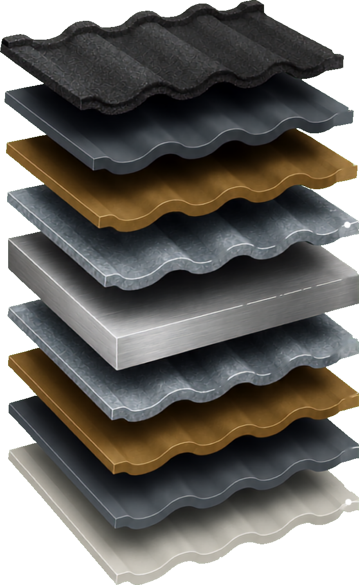 Metal tile roofing layers